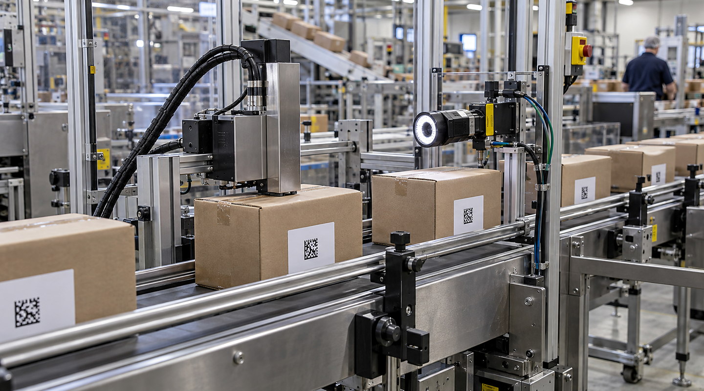 A production line printing Data Matrix codes onto labels or parts with an inline verification camera and reject route visible.