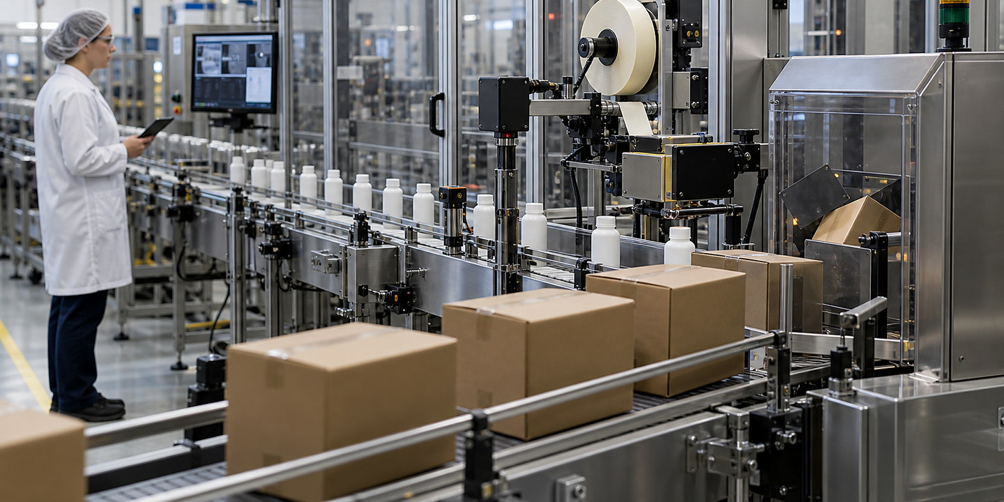 A production line printing Data Matrix codes onto labels or parts with an inline verification camera and reject route visible.