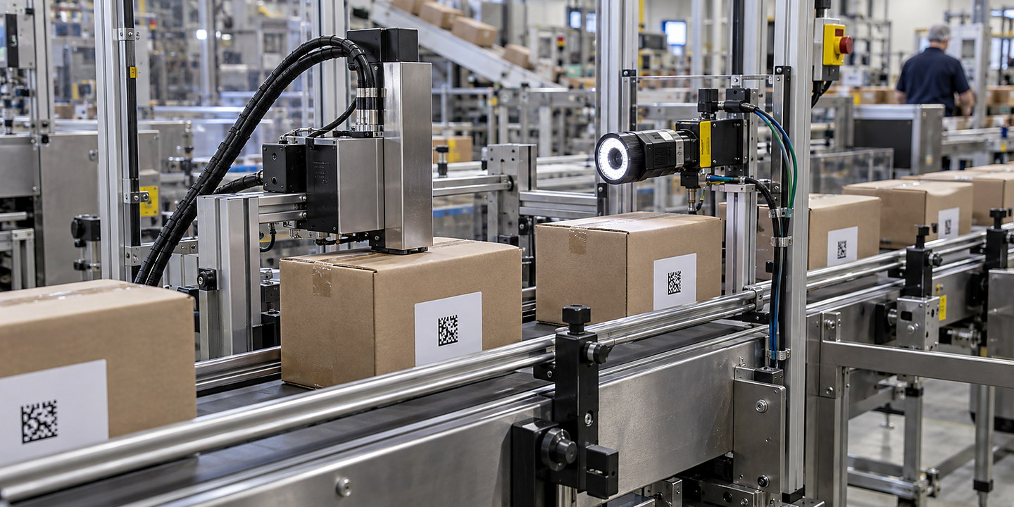 A production line printing Data Matrix codes onto labels or parts with an inline verification camera and reject route visible.